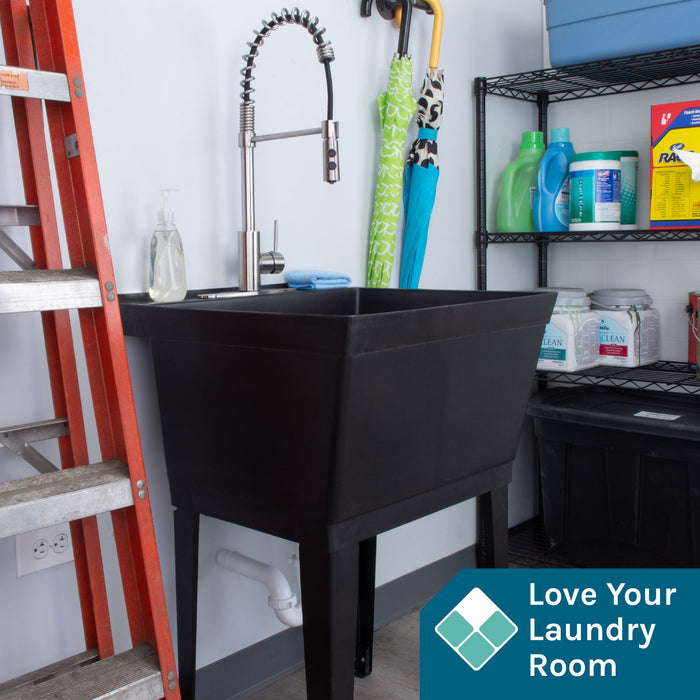 Tehila Standard Freestanding Black Utility Sink with Stainless Steel Finish High-Arc Coil Pull-Down Faucet - Sweatfully