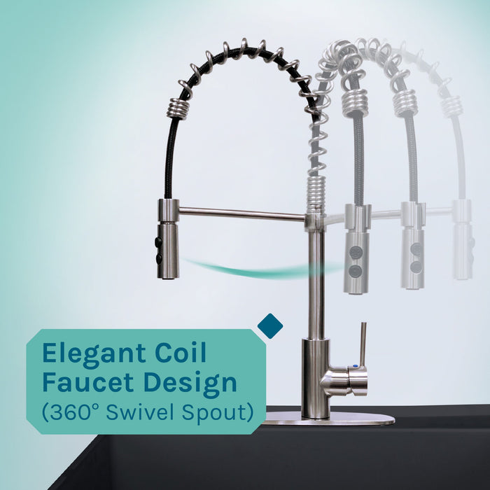 Tehila Standard Freestanding Black Utility Sink with Stainless Steel Finish High-Arc Coil Pull-Down Faucet - Sweatfully