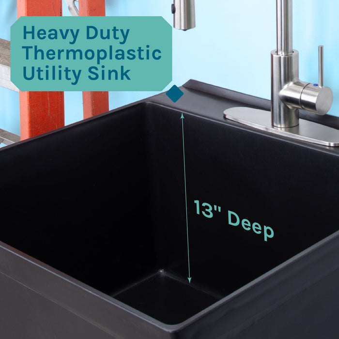 Tehila Standard Freestanding Black Utility Sink with Stainless Steel Finish High-Arc Coil Pull-Down Faucet - Sweatfully