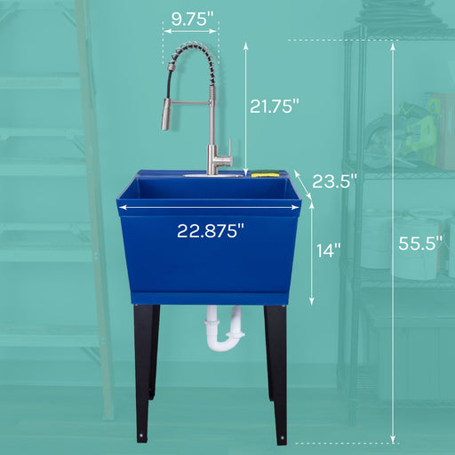 Tehila Standard Freestanding Blue Utility Sink with Stainless Steel Finish High-Arc Coil Pull-Down Faucet - Sweatfully