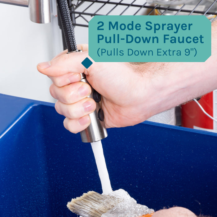 Tehila Standard Freestanding Blue Utility Sink with Stainless Steel Finish High-Arc Coil Pull-Down Faucet - Sweatfully