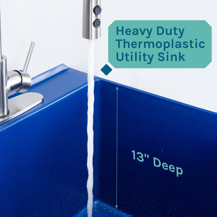 Tehila Standard Freestanding Blue Utility Sink with Stainless Steel Finish High-Arc Coil Pull-Down Faucet - Sweatfully