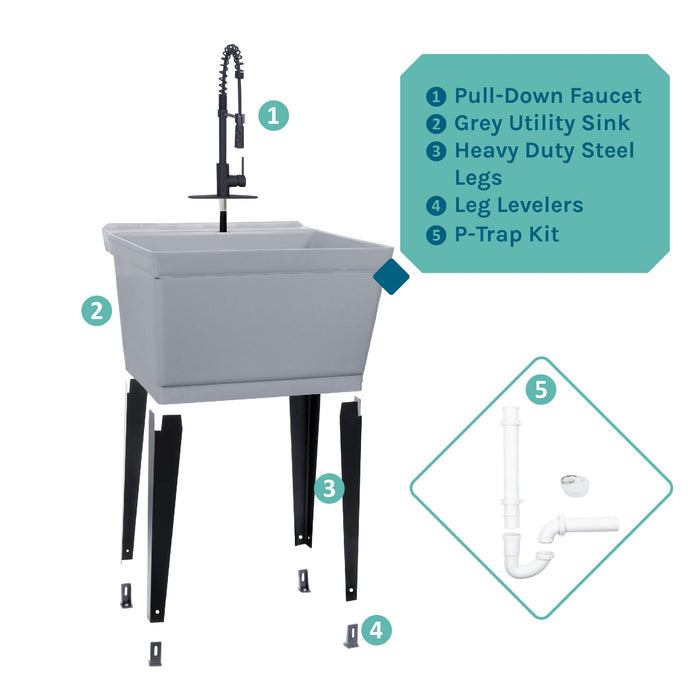 Tehila Standard Freestanding Grey Utility Sink with Black Finish High-Arc Coil Pull-Down Faucet - Sweatfully