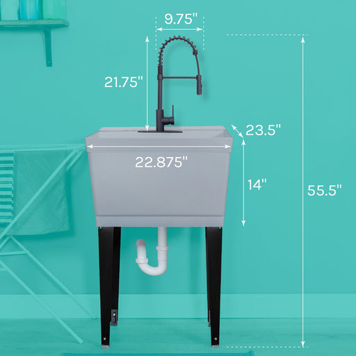 Tehila Standard Freestanding Grey Utility Sink with Black Finish High-Arc Coil Pull-Down Faucet - Sweatfully