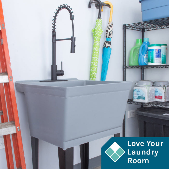 Tehila Standard Freestanding Grey Utility Sink with Black Finish High-Arc Coil Pull-Down Faucet - Sweatfully
