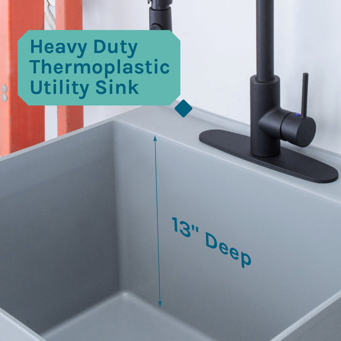 Tehila Standard Freestanding Grey Utility Sink with Black Finish High-Arc Coil Pull-Down Faucet - Sweatfully