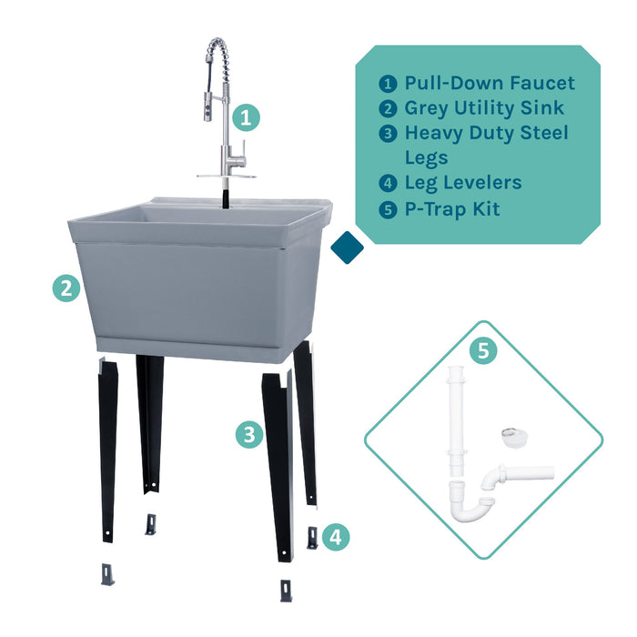 Tehila Standard Freestanding Grey Utility Sink with Stainless Steel Finish High-Arc Coil Pull-Down Faucet - Sweatfully