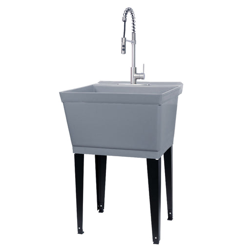 Tehila Standard Freestanding Grey Utility Sink with Stainless Steel Finish High-Arc Coil Pull-Down Faucet - Sweatfully