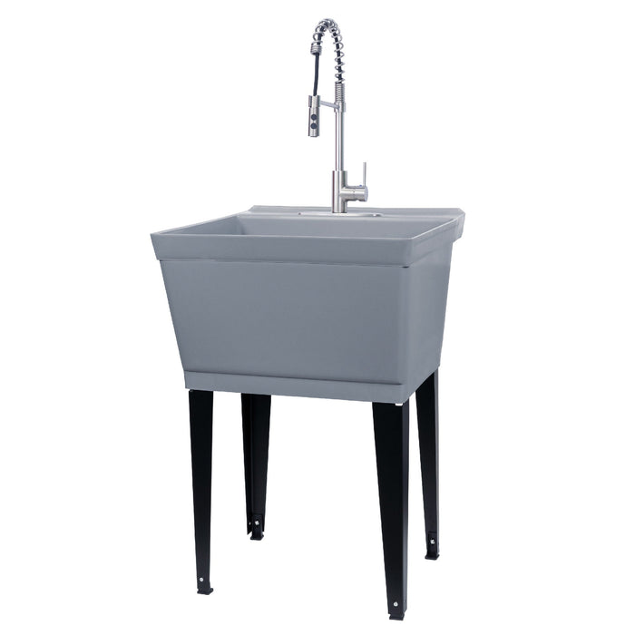 Tehila Standard Freestanding Grey Utility Sink with Stainless Steel Finish High-Arc Coil Pull-Down Faucet - Sweatfully
