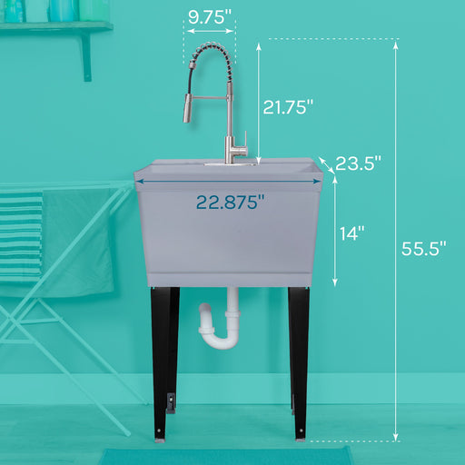 Tehila Standard Freestanding Grey Utility Sink with Stainless Steel Finish High-Arc Coil Pull-Down Faucet - Sweatfully