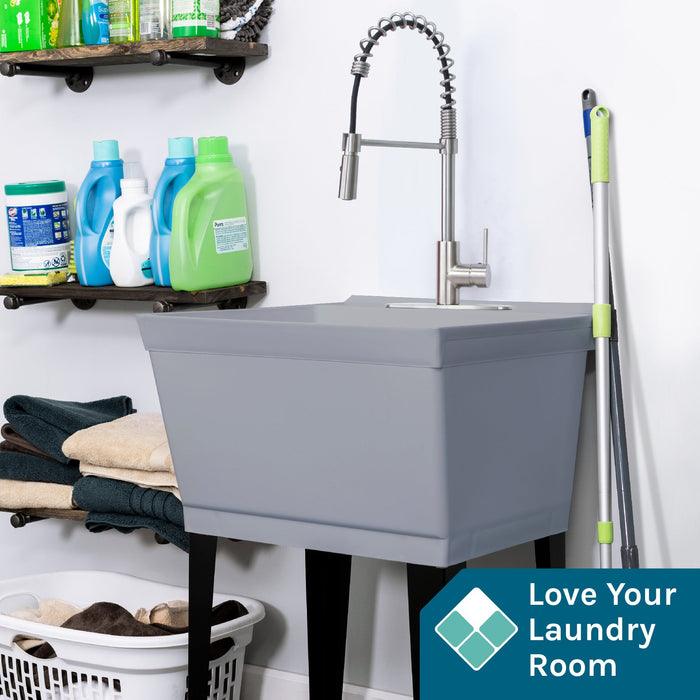 Tehila Standard Freestanding Grey Utility Sink with Stainless Steel Finish High-Arc Coil Pull-Down Faucet - Sweatfully