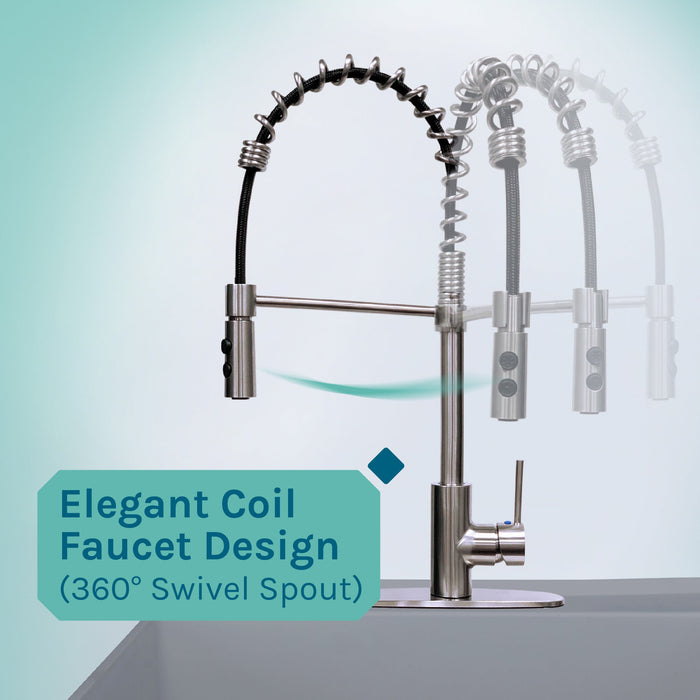 Tehila Standard Freestanding Grey Utility Sink with Stainless Steel Finish High-Arc Coil Pull-Down Faucet - Sweatfully