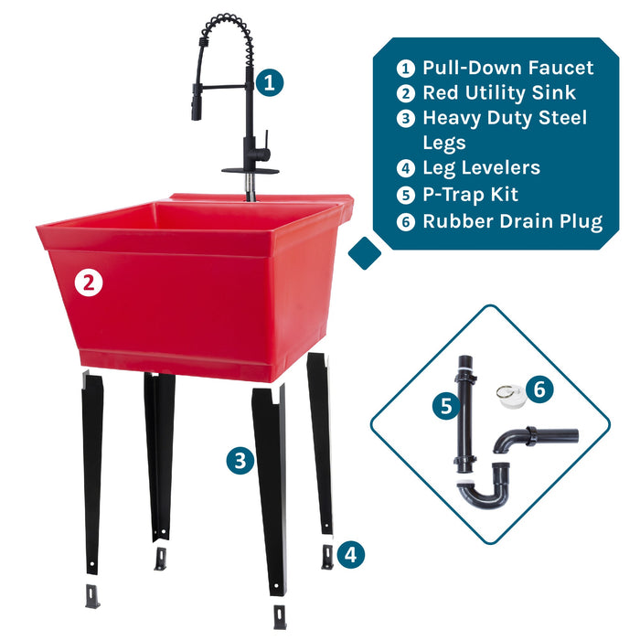 Tehila Standard Freestanding Red Utility Sink with Black Finish High-Arc Coil Pull-Down Faucet - Sweatfully