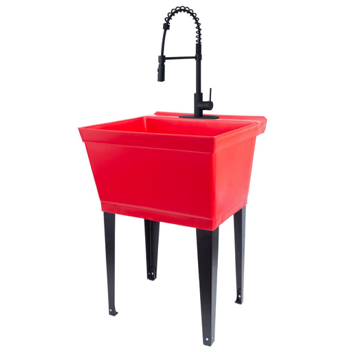 Tehila Standard Freestanding Red Utility Sink with Black Finish High-Arc Coil Pull-Down Faucet - Sweatfully