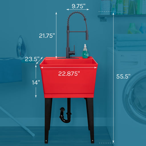 Tehila Standard Freestanding Red Utility Sink with Black Finish High-Arc Coil Pull-Down Faucet - Sweatfully