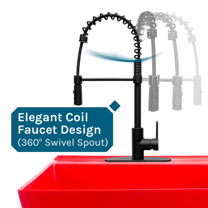 Tehila Standard Freestanding Red Utility Sink with Black Finish High-Arc Coil Pull-Down Faucet - Sweatfully