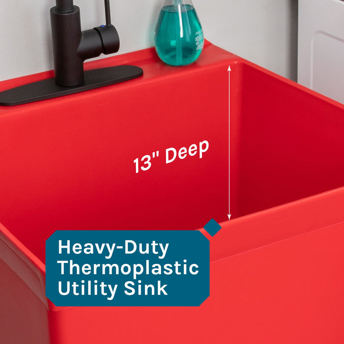 Tehila Standard Freestanding Red Utility Sink with Black Finish High-Arc Coil Pull-Down Faucet - Sweatfully