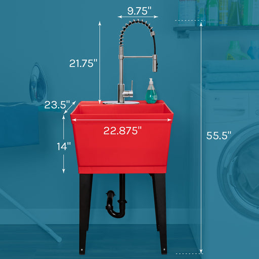 Tehila Standard Freestanding Red Utility Sink with Stainless Steel Finish High-Arc Coil Pull-Down Faucet - Sweatfully