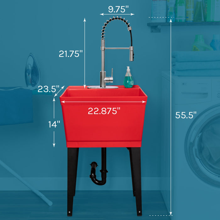 Tehila Standard Freestanding Red Utility Sink with Stainless Steel Finish High-Arc Coil Pull-Down Faucet - Sweatfully