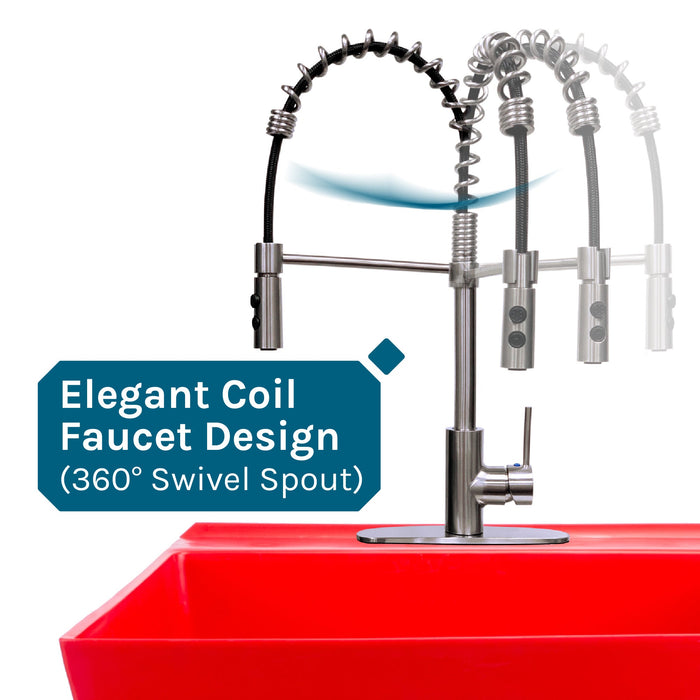 Tehila Standard Freestanding Red Utility Sink with Stainless Steel Finish High-Arc Coil Pull-Down Faucet - Sweatfully