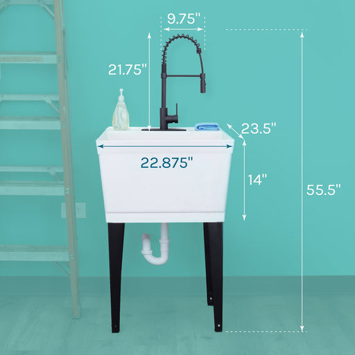 Tehila Standard Freestanding White Utility Sink with Black Finish High-Arc Coil Pull-Down Faucet - Sweatfully