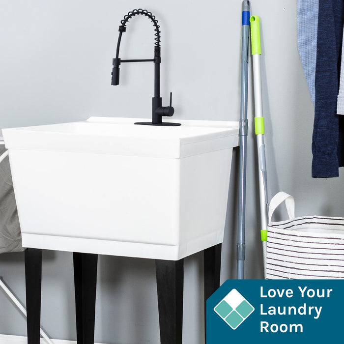 Tehila Standard Freestanding White Utility Sink with Black Finish High-Arc Coil Pull-Down Faucet - Sweatfully