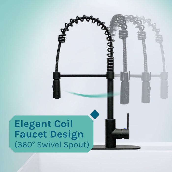 Tehila Standard Freestanding White Utility Sink with Black Finish High-Arc Coil Pull-Down Faucet - Sweatfully