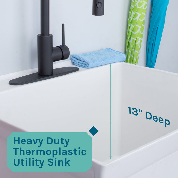 Tehila Standard Freestanding White Utility Sink with Black Finish High-Arc Coil Pull-Down Faucet - Sweatfully