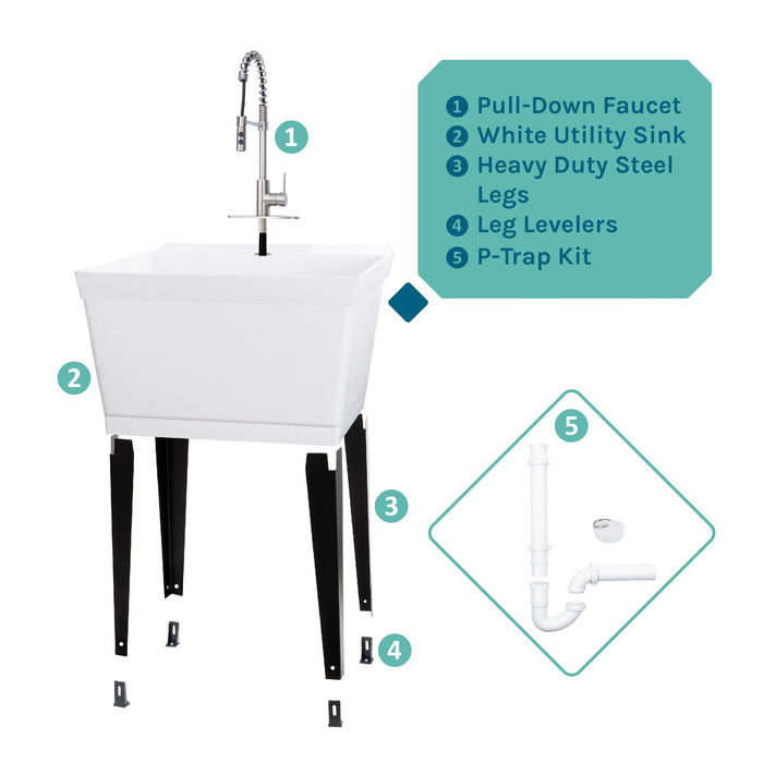 Tehila Standard Freestanding White Utility Sink with Stainless Steel Finish High-Arc Coil Pull-Down Faucet - Sweatfully