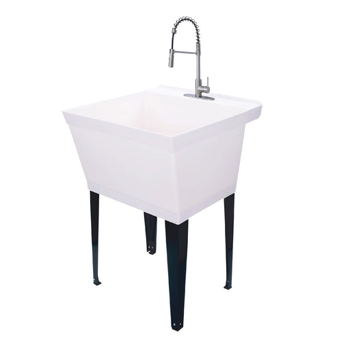 Tehila Standard Freestanding White Utility Sink with Stainless Steel Finish High-Arc Coil Pull-Down Faucet - Sweatfully