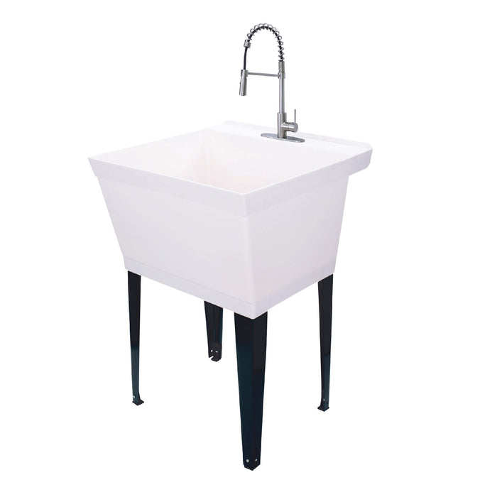 Tehila Standard Freestanding White Utility Sink with Stainless Steel Finish High-Arc Coil Pull-Down Faucet - Sweatfully