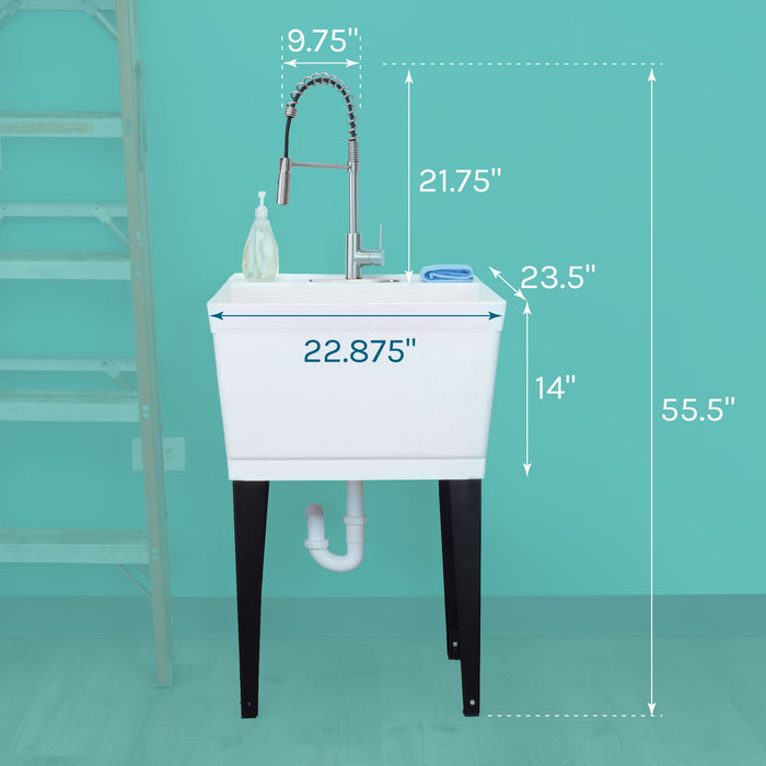 Tehila Standard Freestanding White Utility Sink with Stainless Steel Finish High-Arc Coil Pull-Down Faucet - Sweatfully