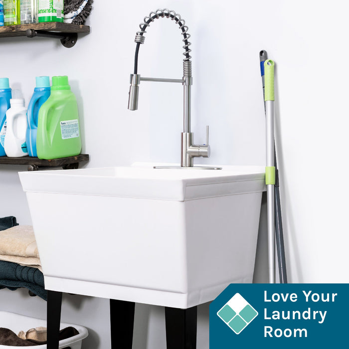 Tehila Standard Freestanding White Utility Sink with Stainless Steel Finish High-Arc Coil Pull-Down Faucet - Sweatfully