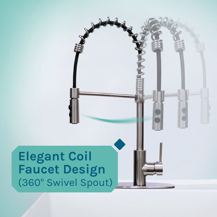 Tehila Standard Freestanding White Utility Sink with Stainless Steel Finish High-Arc Coil Pull-Down Faucet - Sweatfully