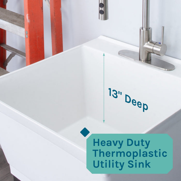 Tehila Standard Freestanding White Utility Sink with Stainless Steel Finish High-Arc Coil Pull-Down Faucet - Sweatfully
