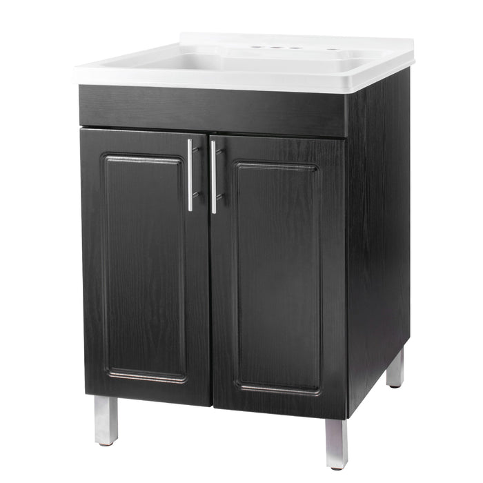 Tehila Black Vanity Cabinet and White Utility Sink, No Supply Lines, No Strainer Basket - Sweatfully
