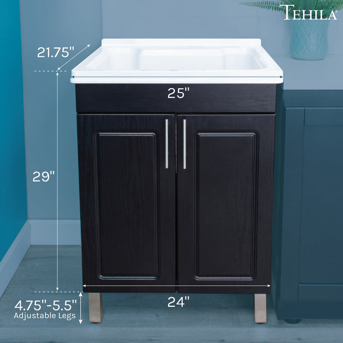 Tehila Black Vanity Cabinet and White Utility Sink, No Supply Lines, No Strainer Basket - Sweatfully