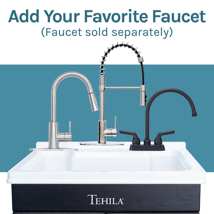 Tehila Black Vanity Cabinet and White Utility Sink, No Supply Lines, No Strainer Basket - Sweatfully