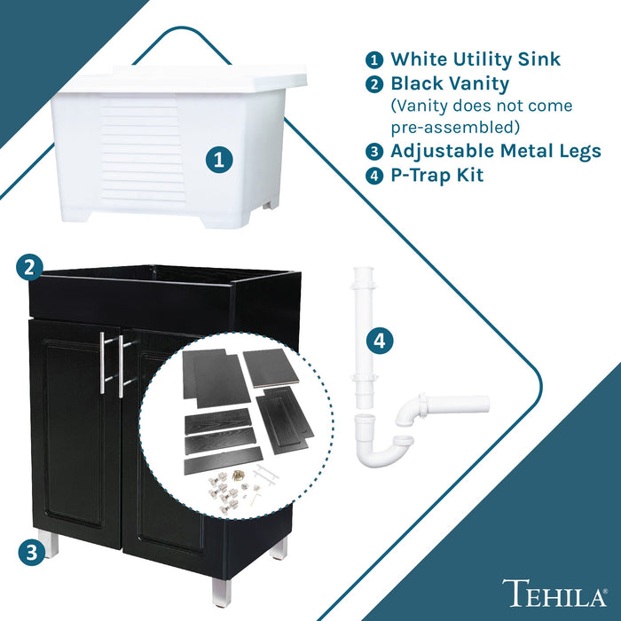 Tehila Black Vanity Cabinet and White Utility Sink, No Supply Lines, No Strainer Basket - Sweatfully