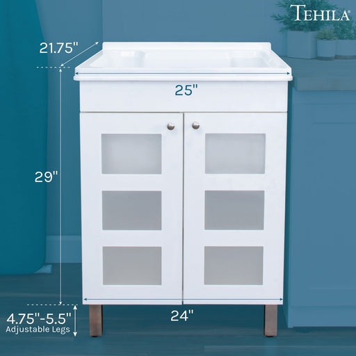 Tehila White Vanity Cabinet and White Utility Sink, No Supply Lines, No Strainer Basket - Sweatfully