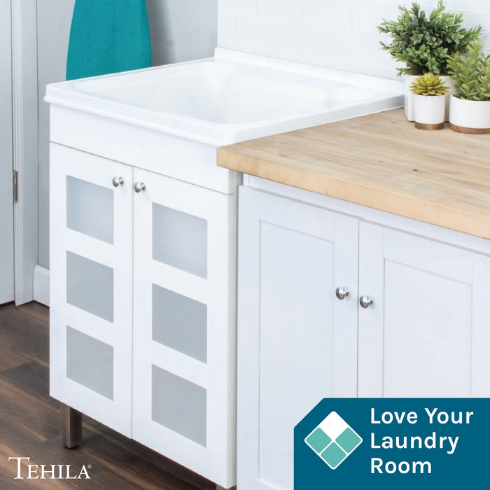 Tehila White Vanity Cabinet and White Utility Sink, No Supply Lines, No Strainer Basket - Sweatfully