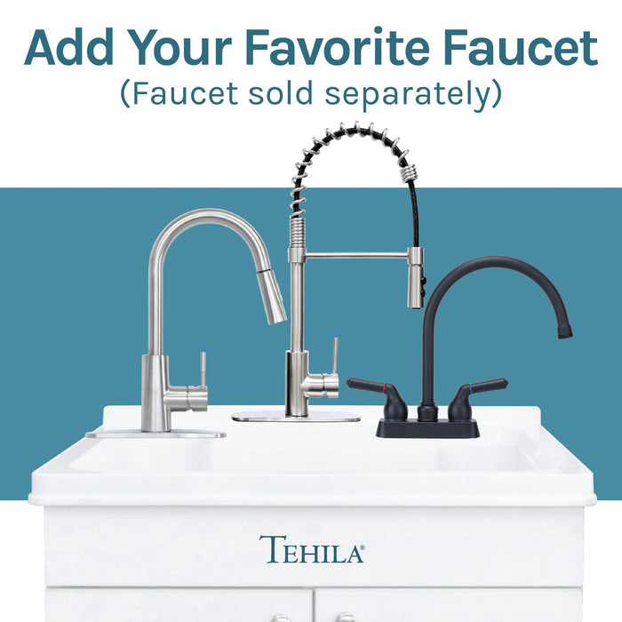 Tehila White Vanity Cabinet and White Utility Sink, No Supply Lines, No Strainer Basket - Sweatfully