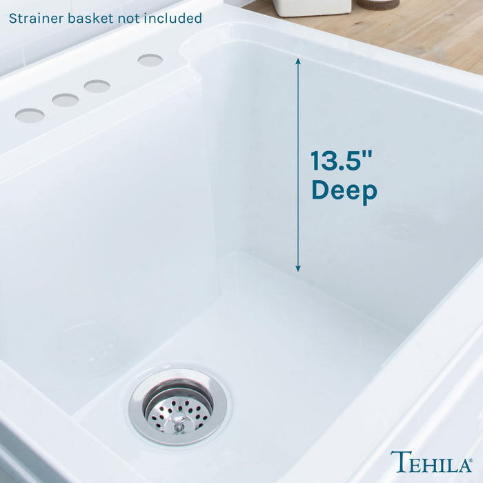 Tehila White Vanity Cabinet and White Utility Sink, No Supply Lines, No Strainer Basket - Sweatfully