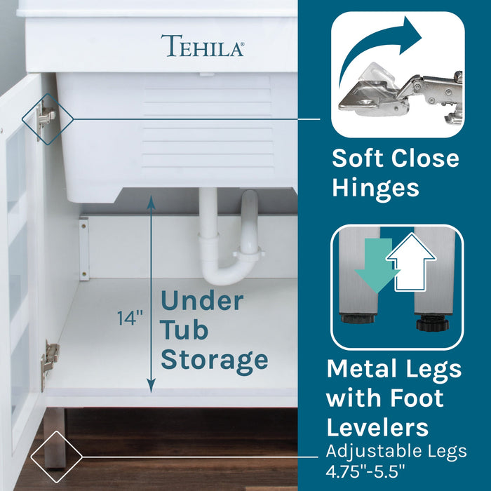 Tehila White Vanity Cabinet and White Utility Sink, No Supply Lines, No Strainer Basket - Sweatfully
