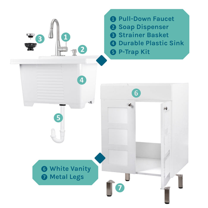 Tehila White Vanity Cabinet and White Utility Sink with Stainless Steel Finish Low-Profile Pull-Down Faucet - Sweatfully