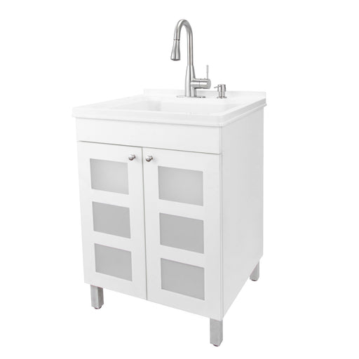 Tehila White Vanity Cabinet and White Utility Sink with Stainless Steel Finish Low-Profile Pull-Down Faucet - Sweatfully