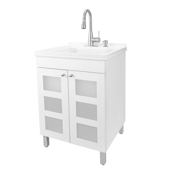 Tehila White Vanity Cabinet and White Utility Sink with Stainless Steel Finish Low-Profile Pull-Down Faucet - Sweatfully