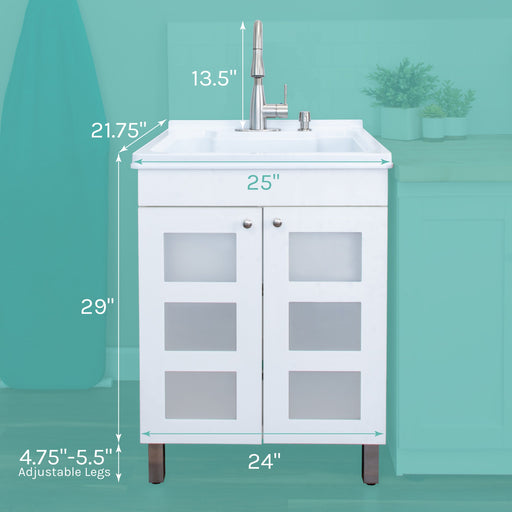 Tehila White Vanity Cabinet and White Utility Sink with Stainless Steel Finish Low-Profile Pull-Down Faucet - Sweatfully