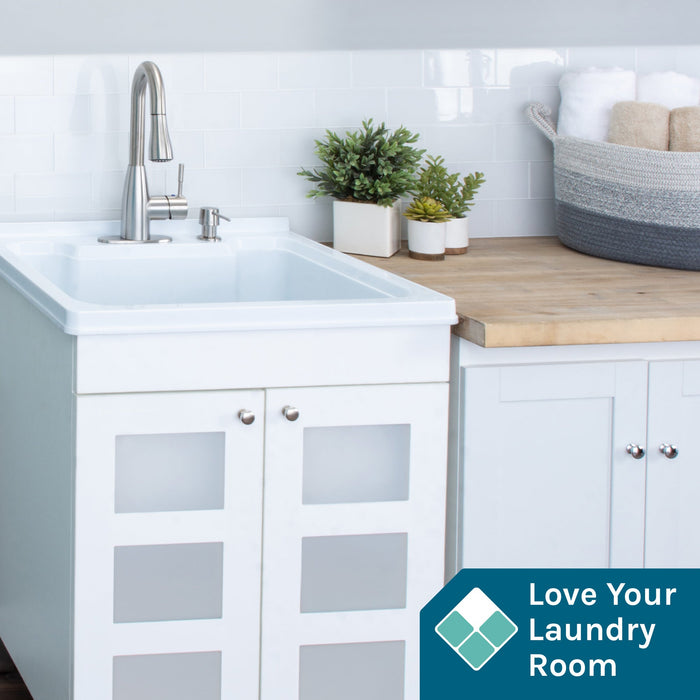 Tehila White Vanity Cabinet and White Utility Sink with Stainless Steel Finish Low-Profile Pull-Down Faucet - Sweatfully