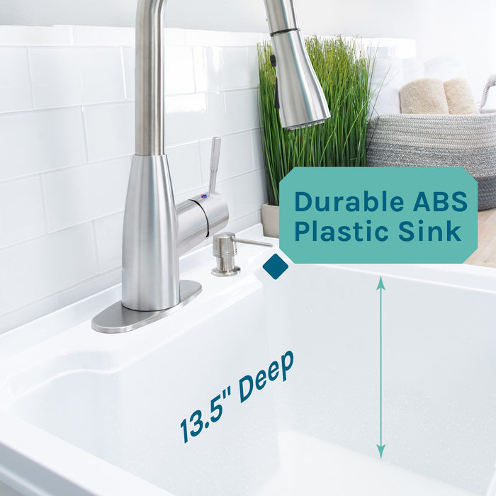 Tehila White Vanity Cabinet and White Utility Sink with Stainless Steel Finish Low-Profile Pull-Down Faucet - Sweatfully